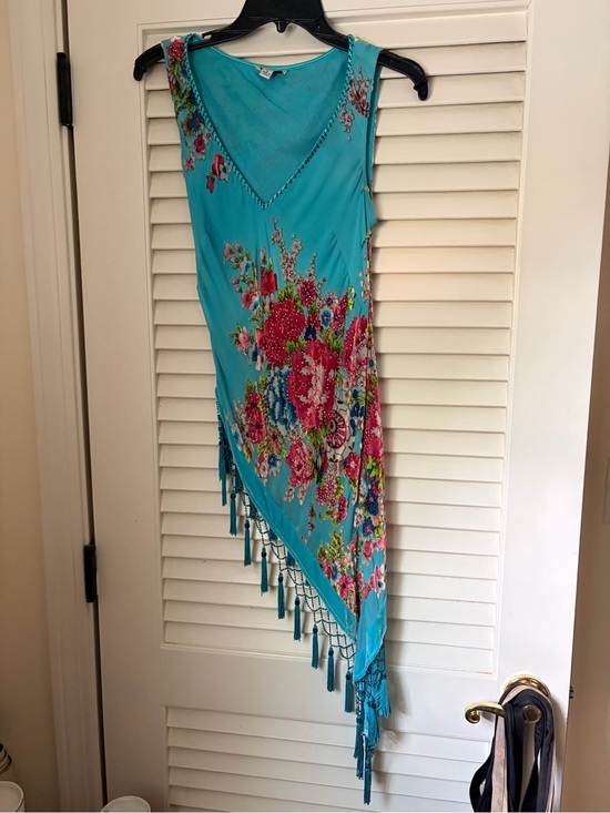 Cache Tops - Cache Turquoise Floral Asymmetric Fringe Women’s Tunic size S